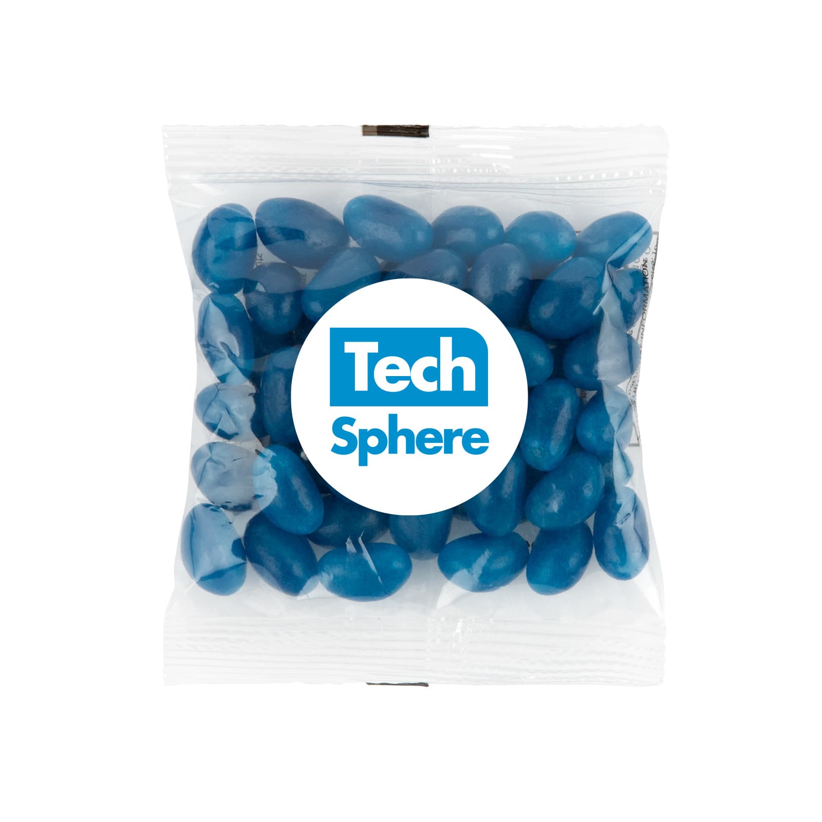 A 50-gram cello bag filled with blue jelly beans, featuring a circular label with the text 