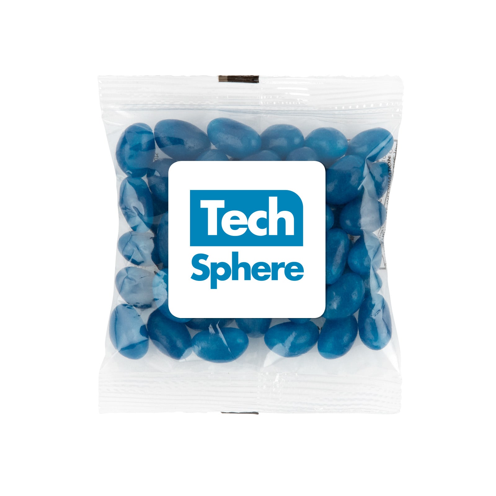 A clear cello bag containing blue jelly beans, featuring a prominent logo for 