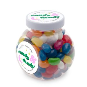 A clear container filled with assorted color mini jelly beans, featuring a playful logo on the lid.