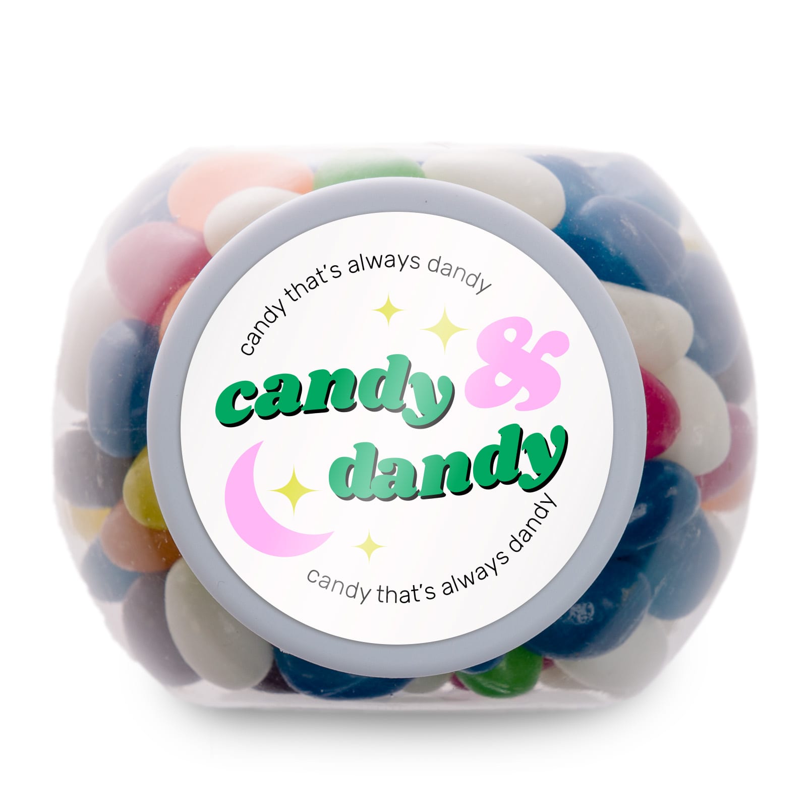 A container filled with assorted color mini jelly beans, featuring a label that reads 