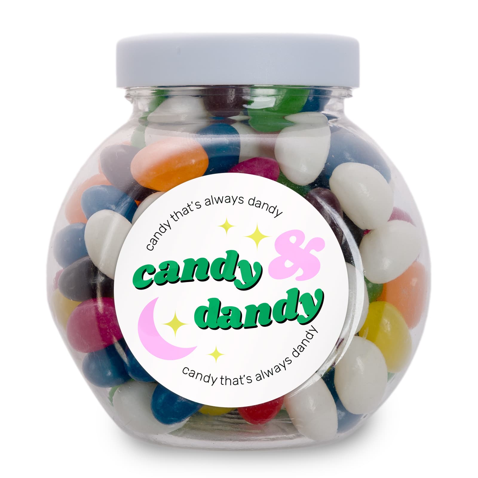 A glass jar filled with assorted colored mini jelly beans, featuring a label that says 