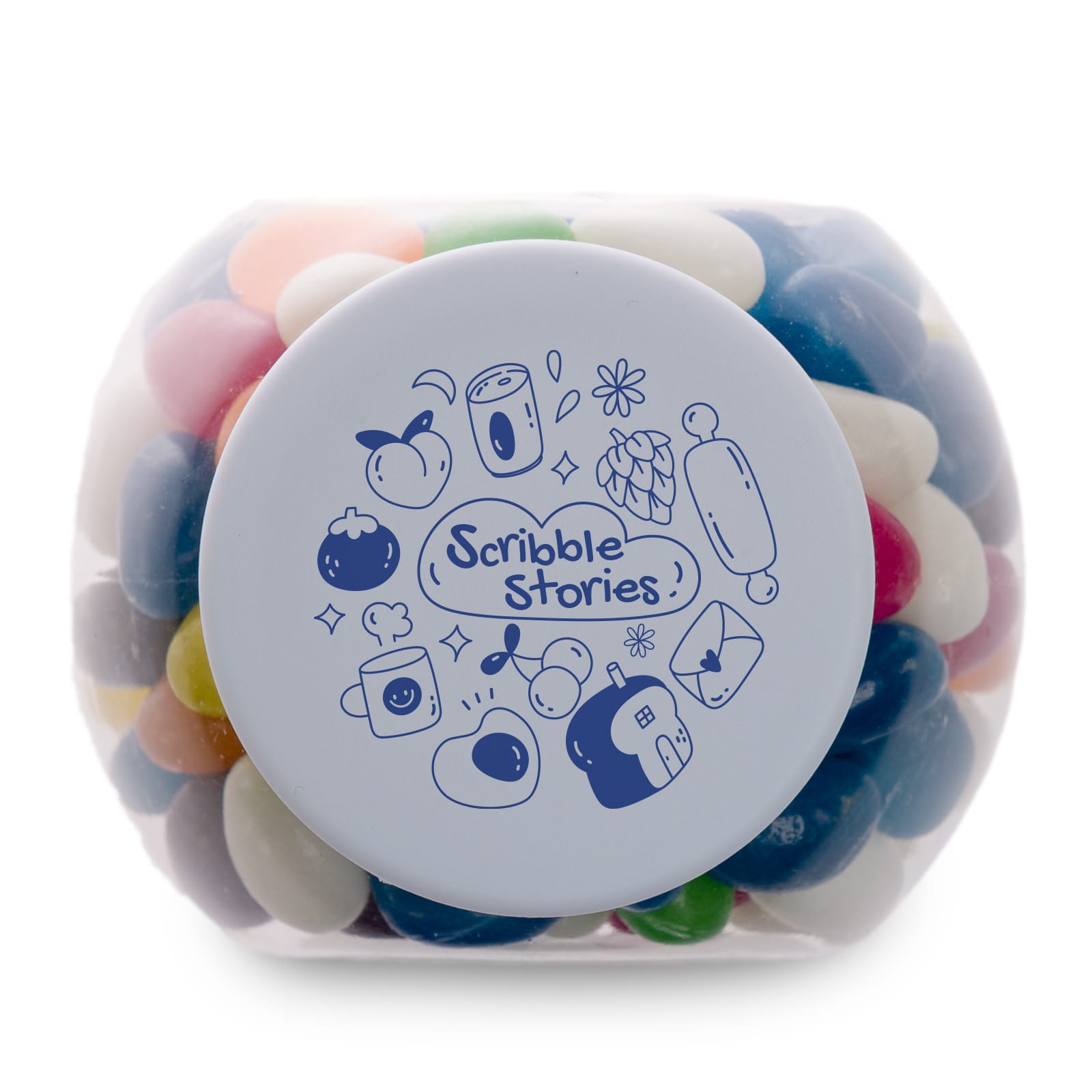 A container filled with assorted color mini jelly beans, featuring various vibrant shades. The container has a logo.
