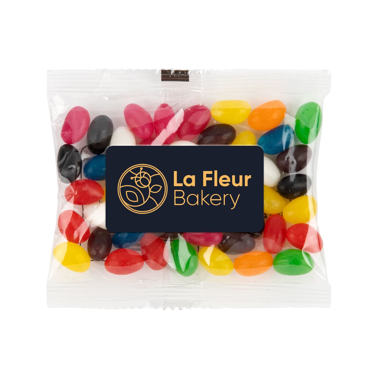 A 50-gram cello bag filled with assorted colour mini jelly beans, featuring a label branded with 