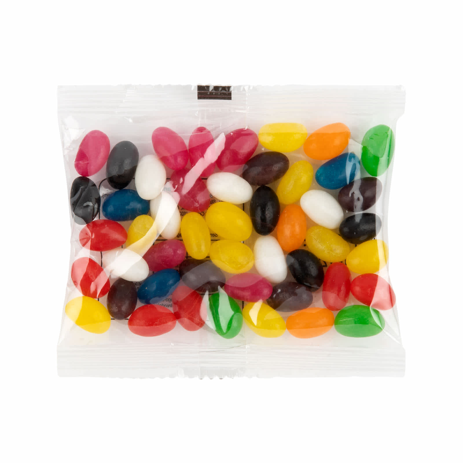 A cello bag filled with assorted mini jelly beans in vibrant colors, including red, yellow, green, black, and white.