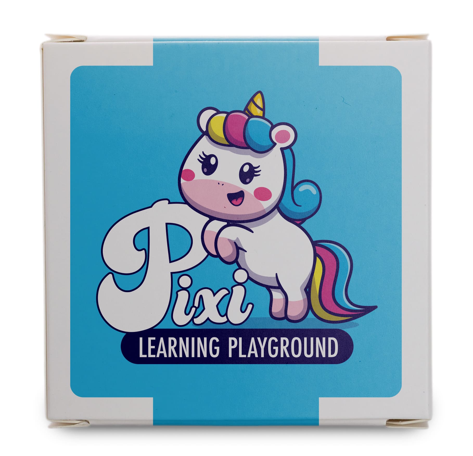 A box featuring a colorful design with a cartoon unicorn and the text 