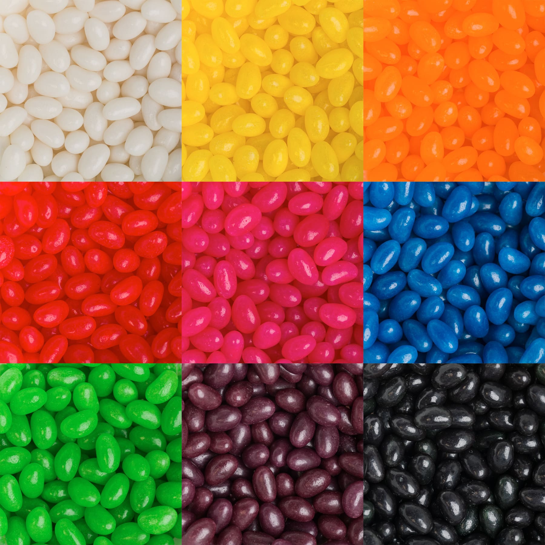 A grid of jelly beans in various colors, including white, yellow, orange, red, pink, blue, green, purple, and black.