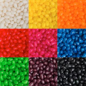 A grid of colorful jelly beans in various shades, including white, yellow, orange, red, pink, blue, green, purple, and black.