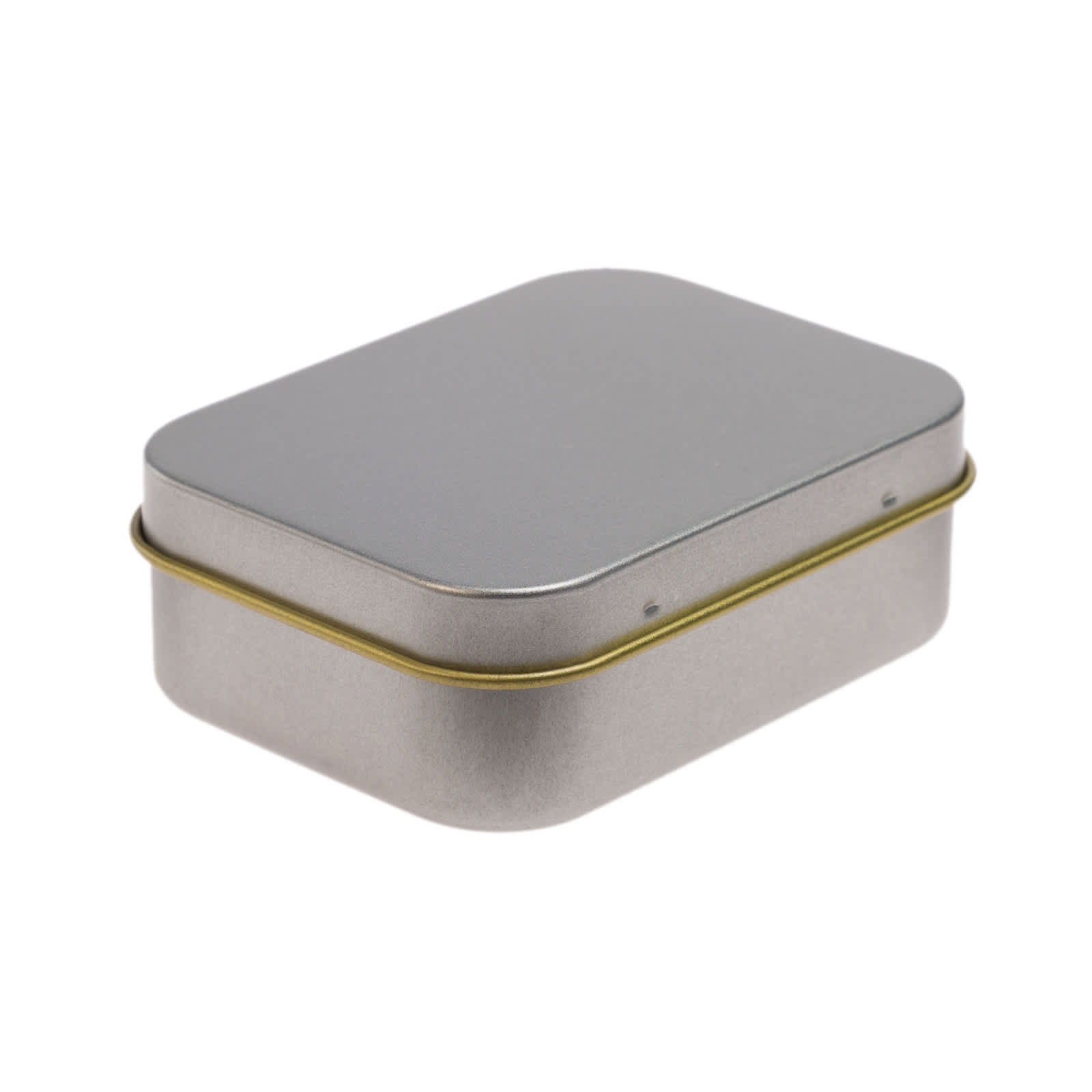 A silver rectangular tin filled with assorted color mini jelly beans, including green, yellow, orange, and purple.