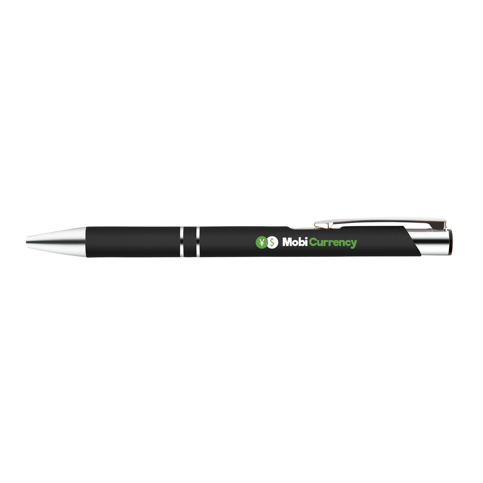 A metal pen in black with silver accents, featuring a logo for MobiCurrency.