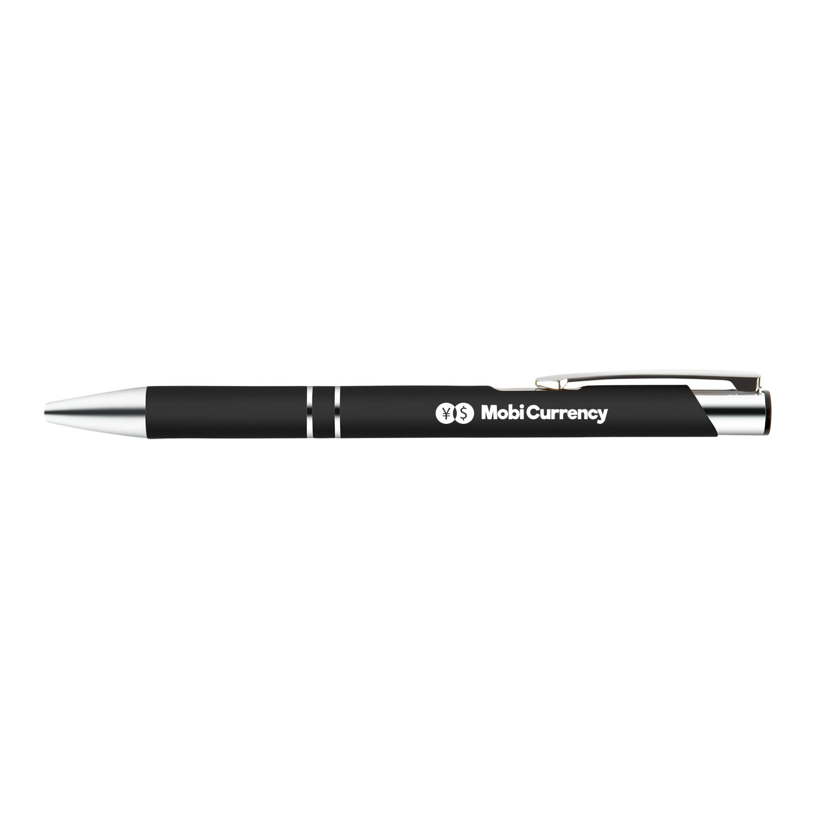 A metal pen featuring a sleek black design with silver accents and the logo 