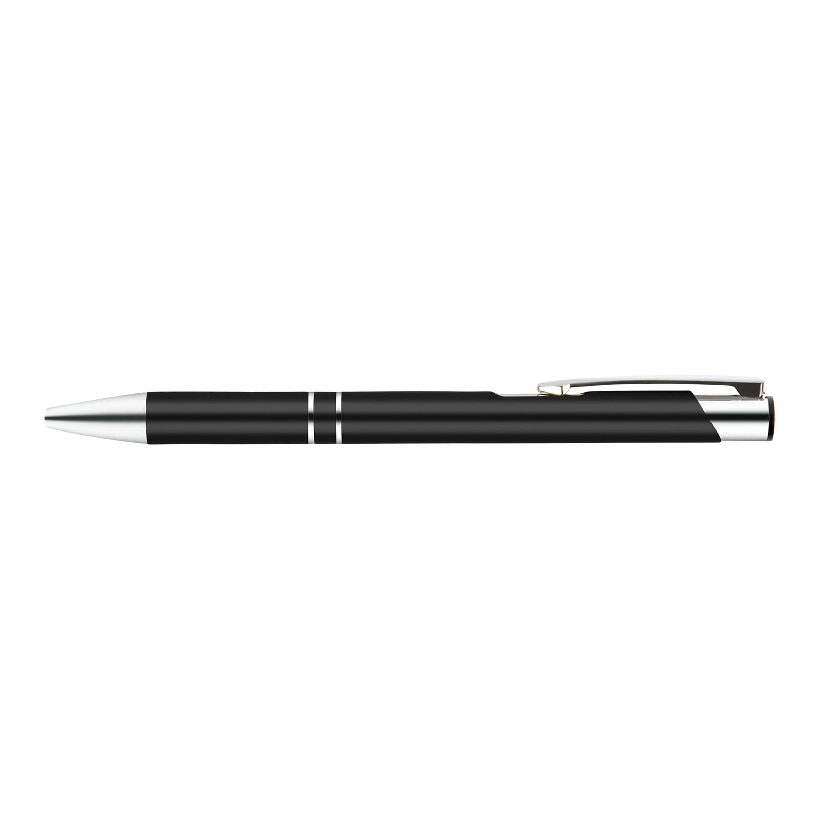 A sleek black metal pen with silver accents, featuring a streamlined design and clip for easy attachment.