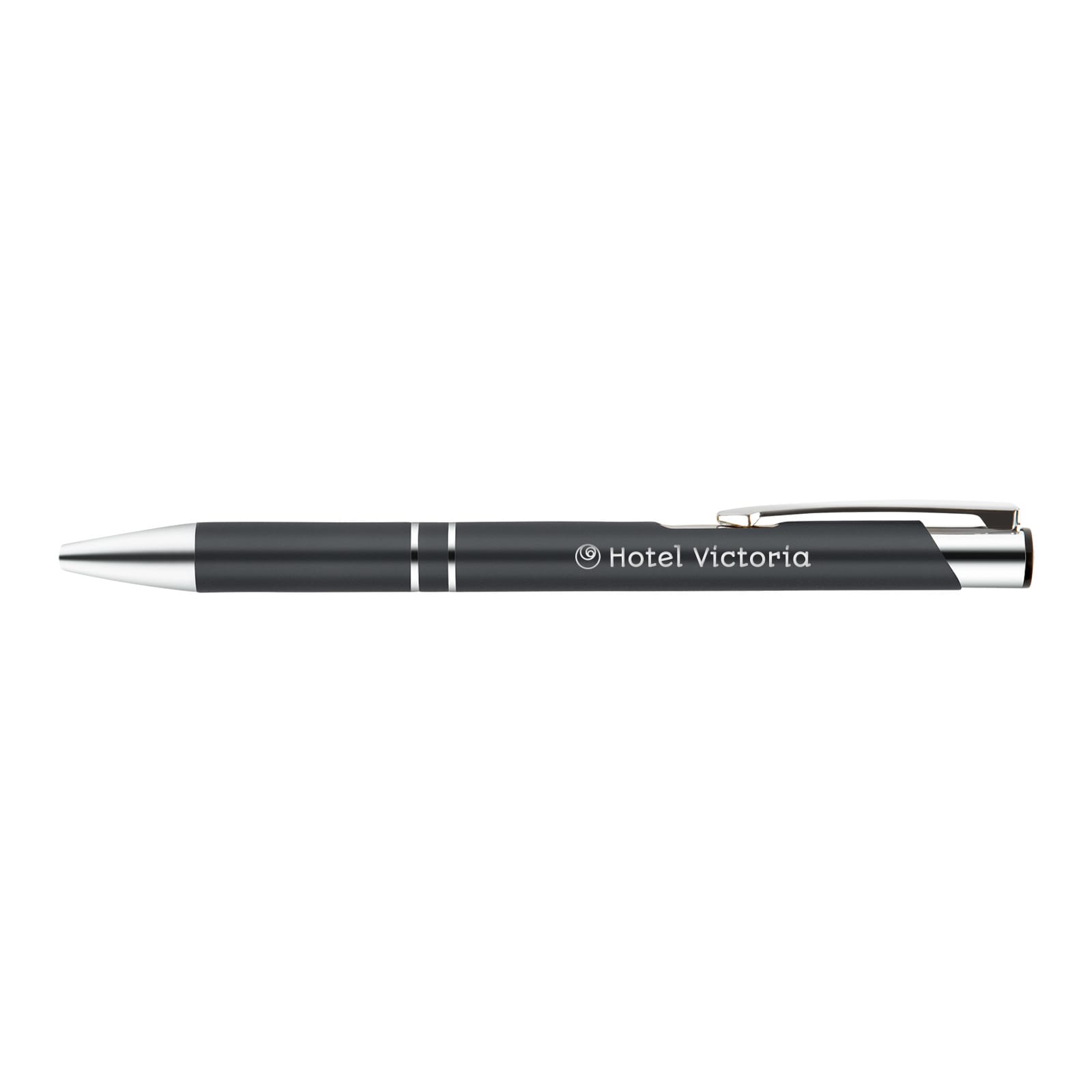 A metal pen featuring a sleek design with a gray barrel and silver accents, branded with 