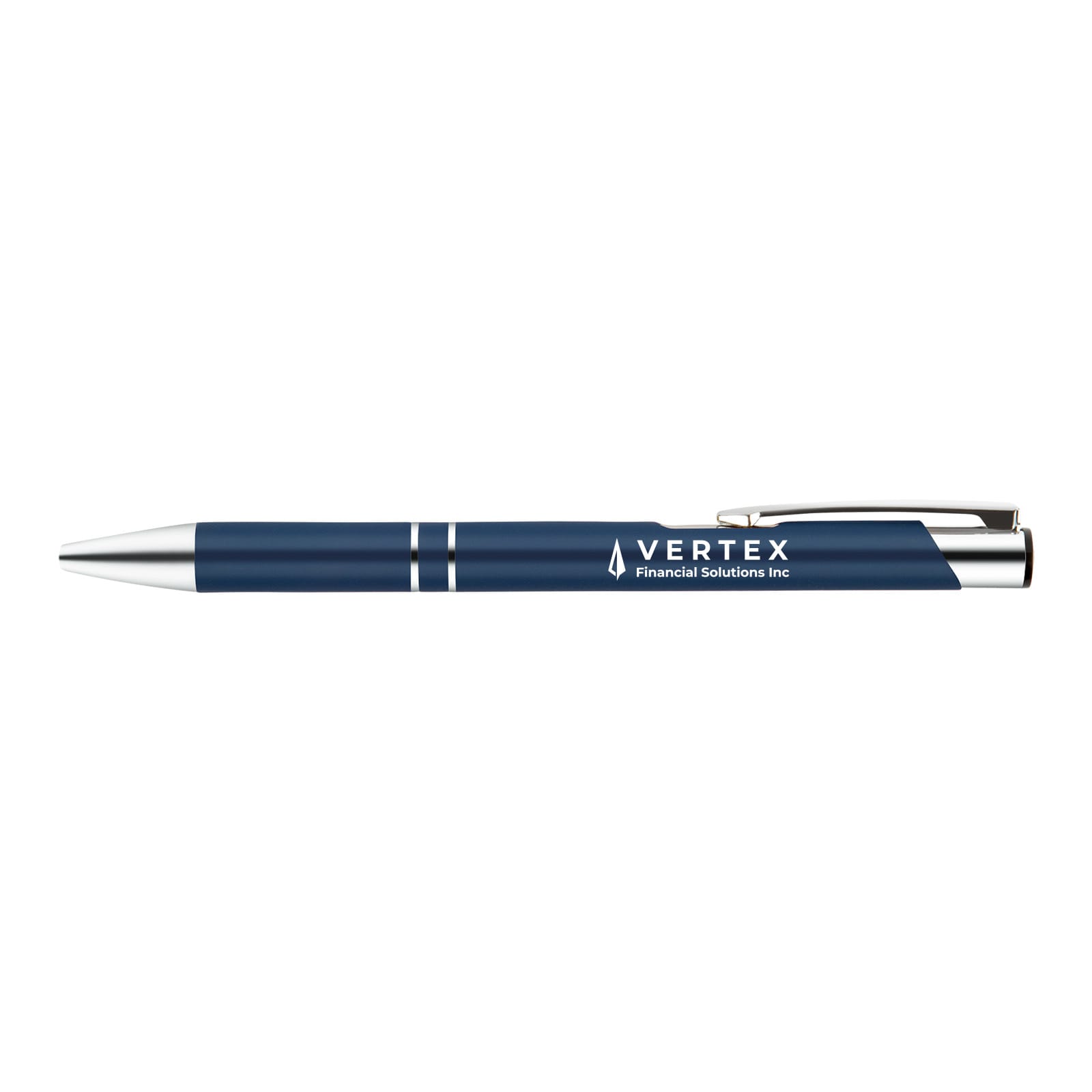 A metal pen featuring a sleek blue design with silver accents and the engraved logo of 