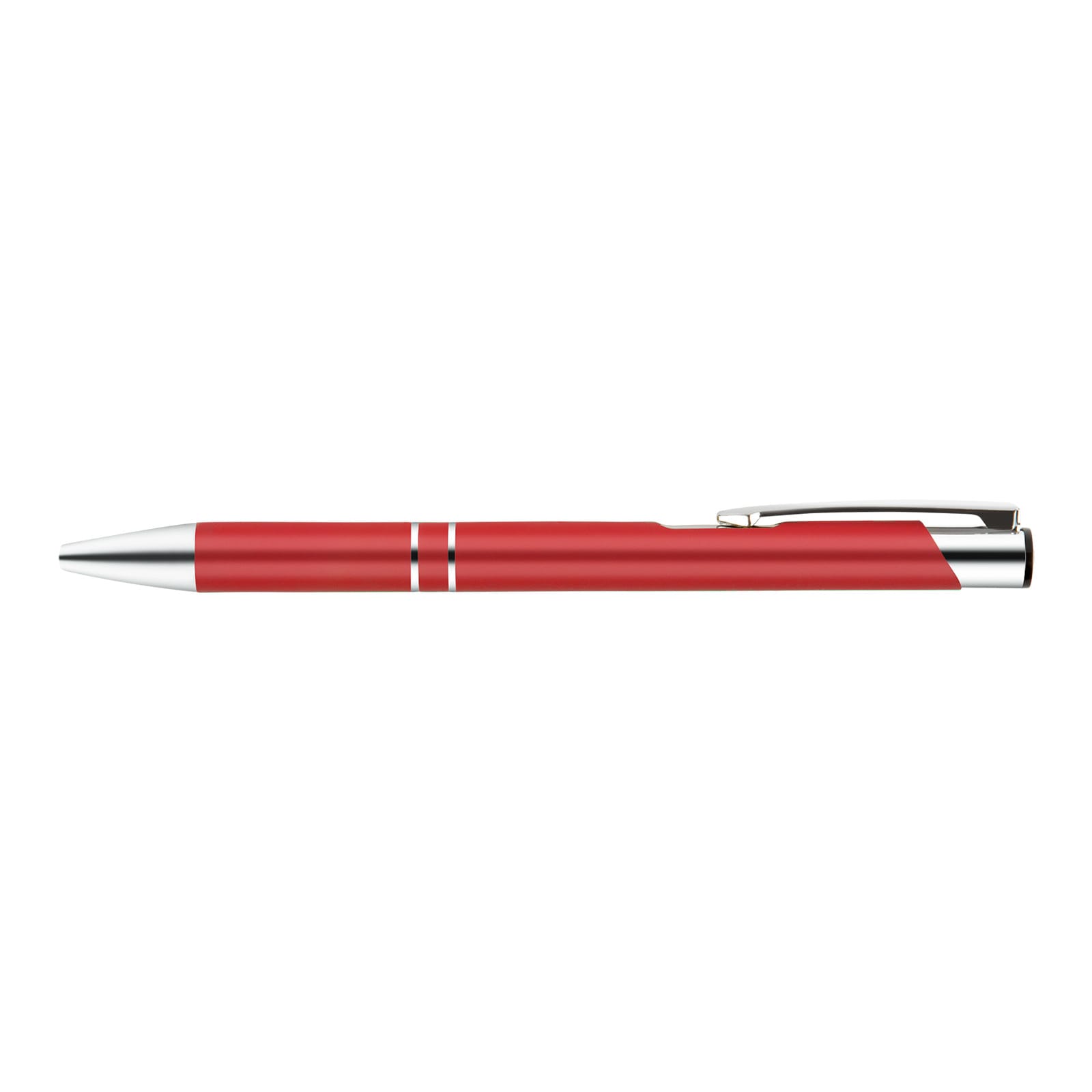 A red metal pen with a sleek design and silver accents, featuring two subtle stripes.
