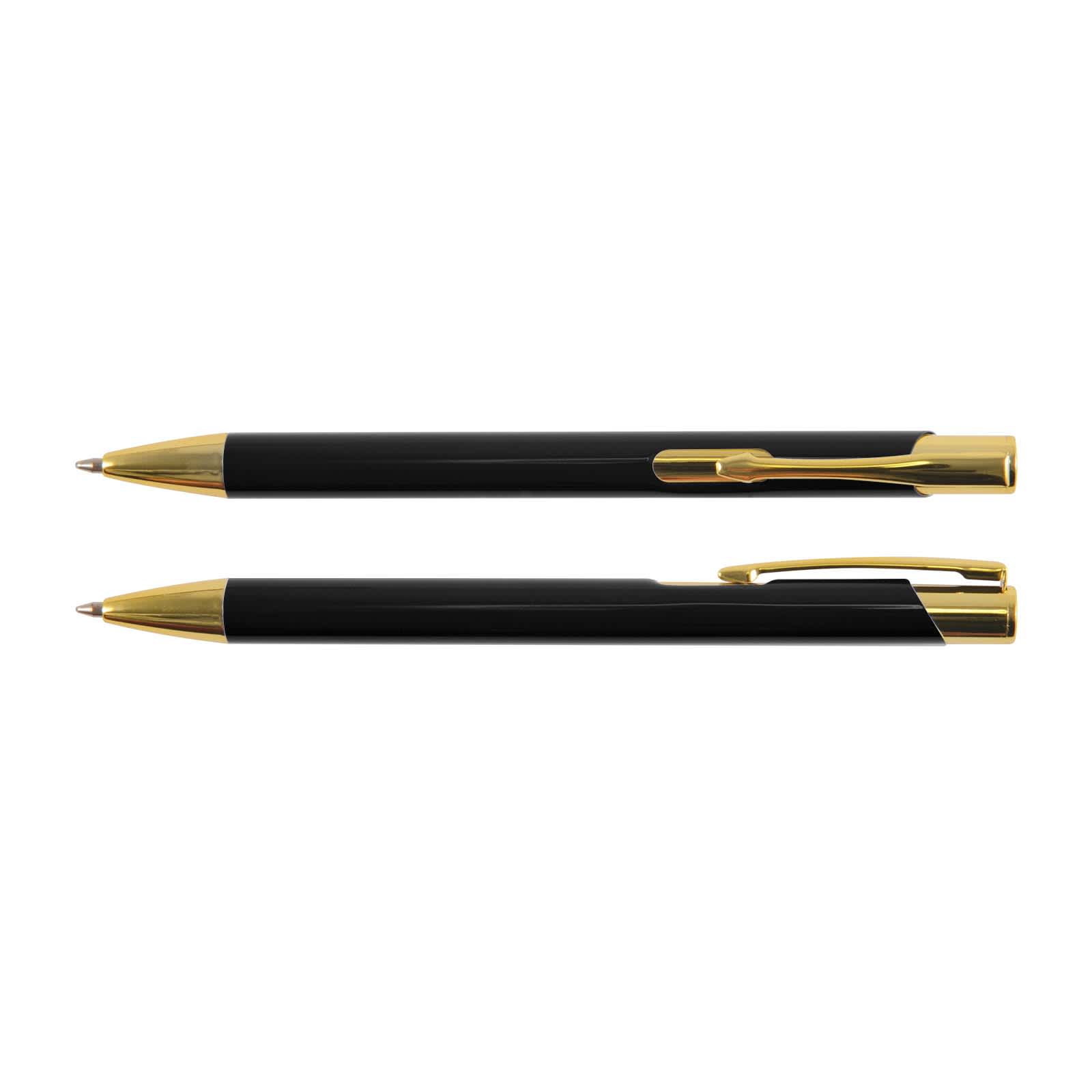 A black metal pen with gold accents, featuring a clip and a sleek design. Includes a logo.