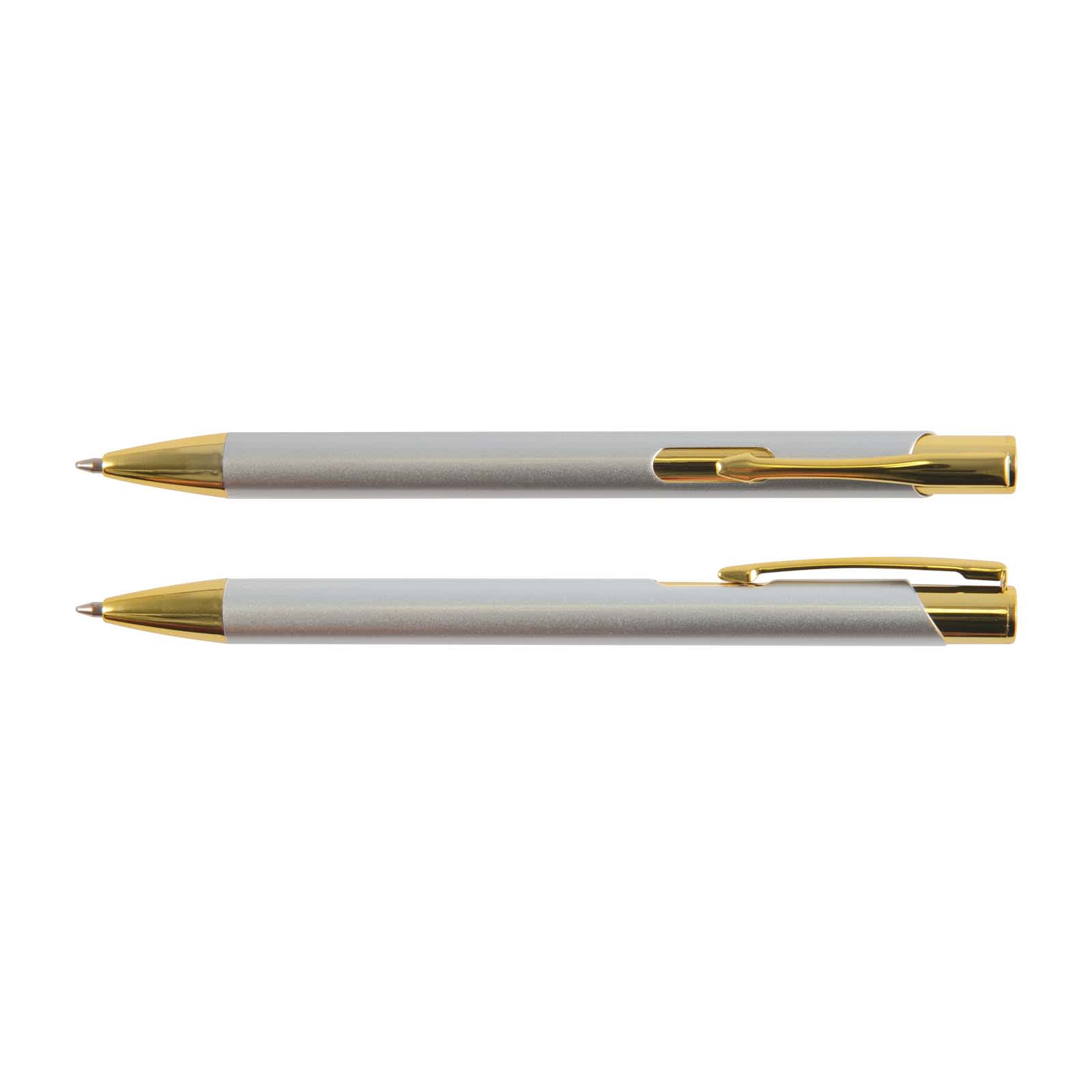 A gold-edition metal pen with a sleek silver body and a shiny gold clip and tip. It features a logo.