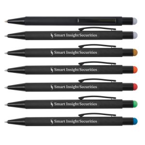 A collection of black stylus pens featuring various colored tips: gray, blue, orange, green, and red. Each has a logo.