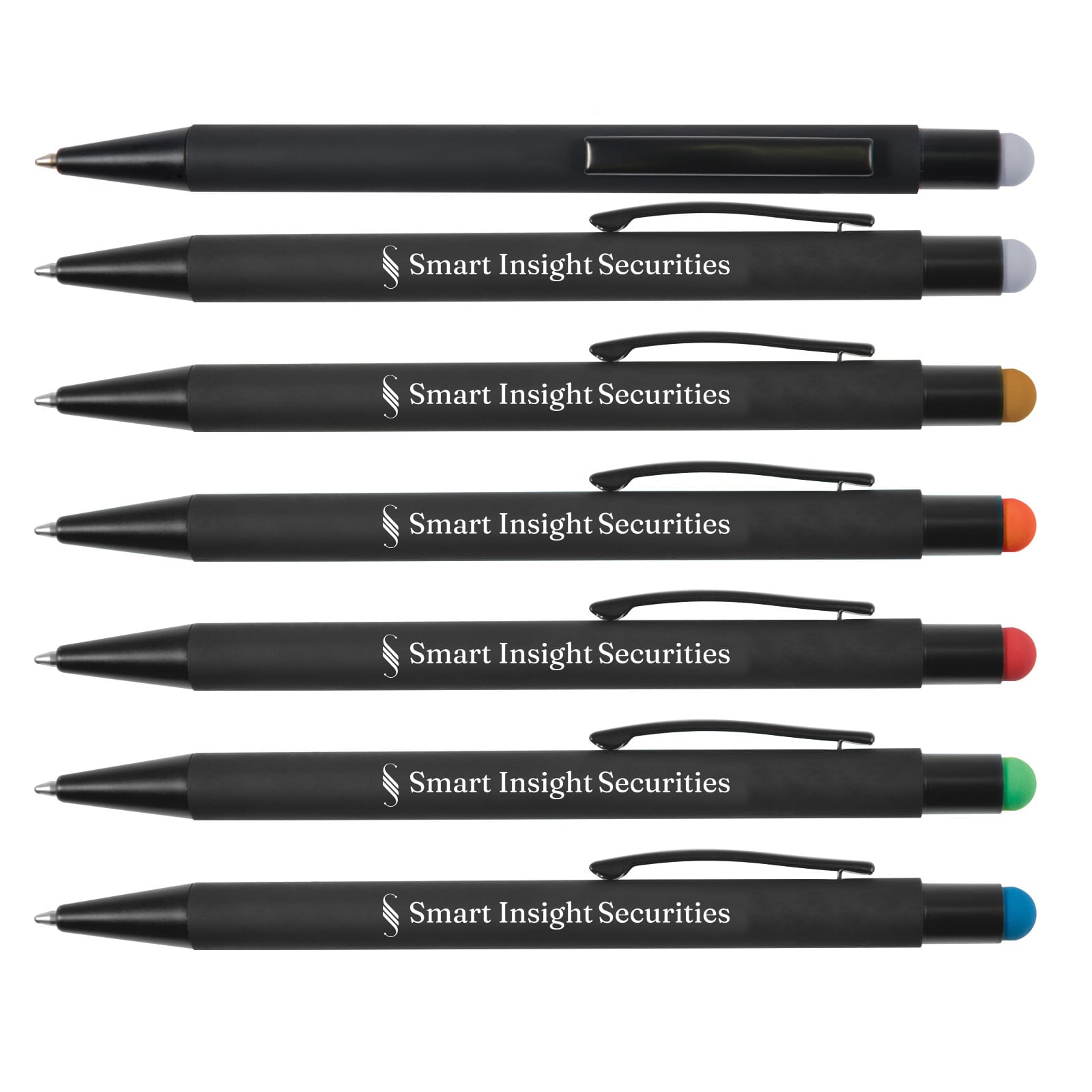 A collection of black stylus pens featuring various colored tips: gray, blue, orange, green, and red. Each has a logo.
