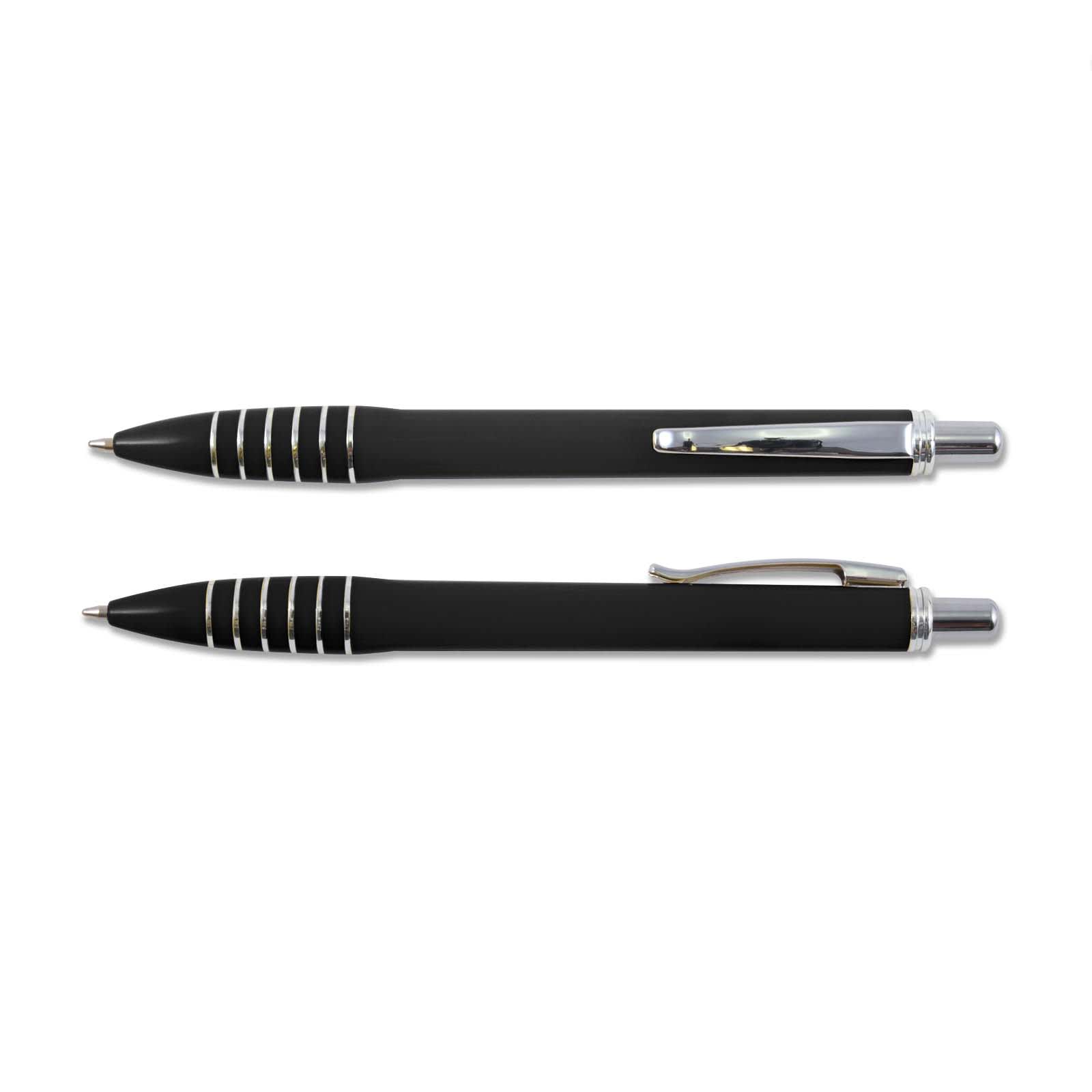 A set of black plastic pens with silver accents and a shiny clip, featuring a sleek design.