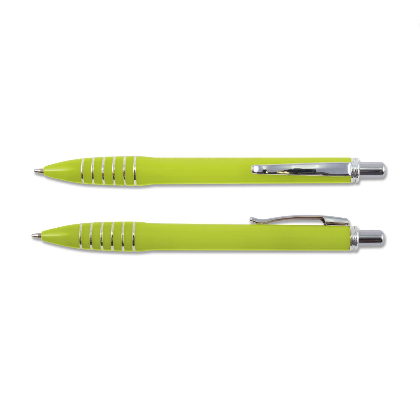 A green plastic pen with silver accents and grip. It features a clip and has a sleek design.