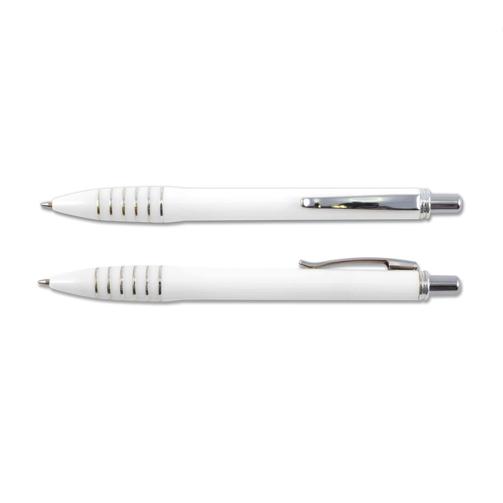 A set of Titan Pens in white plastic with a sleek design and metallic accents.