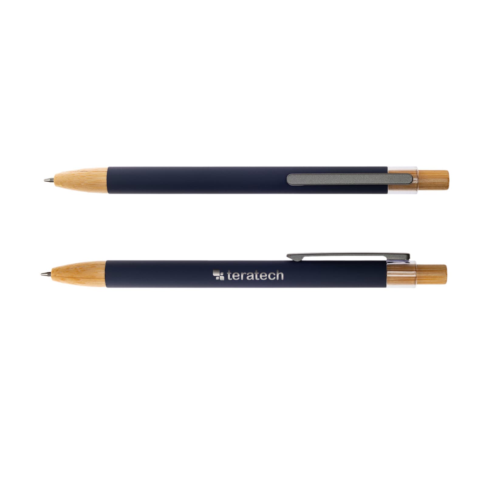 A metal pen with a dark blue body and wooden accents, featuring a clip and branding.