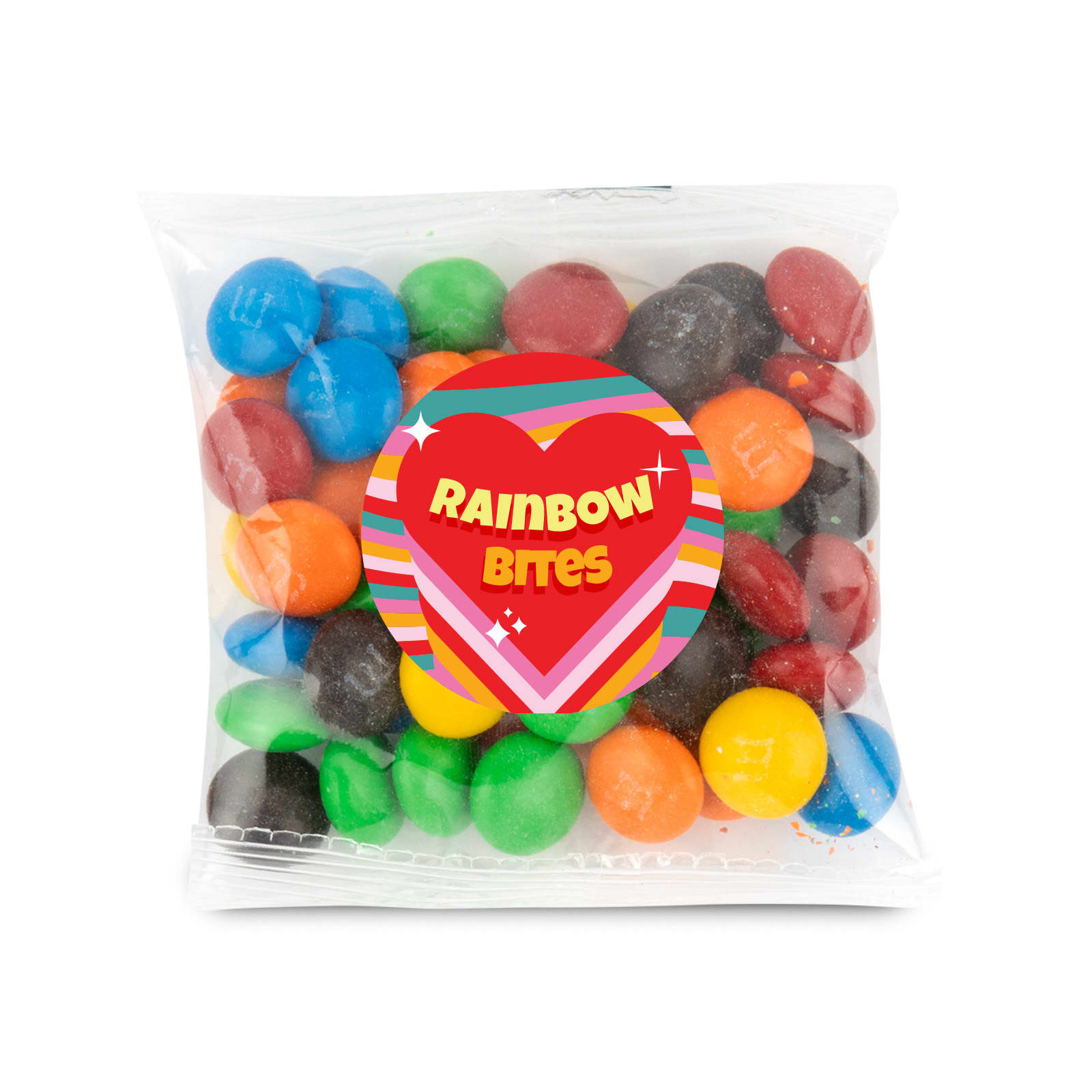 A 50 gram cello bag contains colorful chocolate-coated candies labeled as 