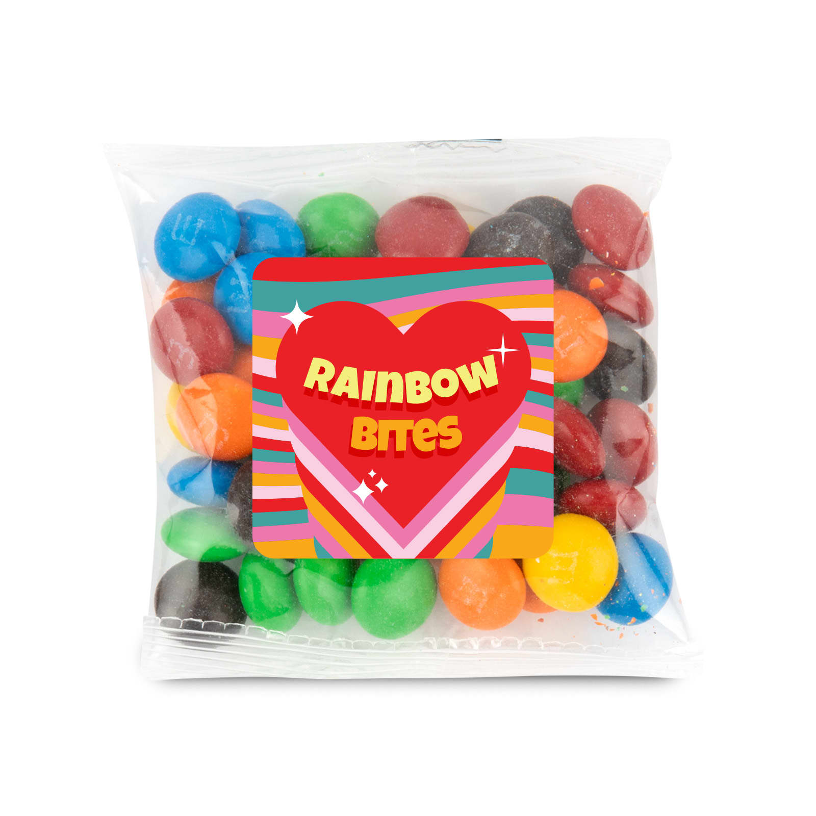 A 50-gram cello bag filled with colorful choc beans, branded as 