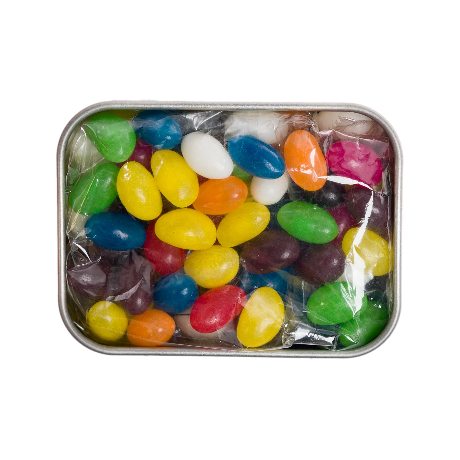 A silver rectangular tin featuring assorted colour mini jelly beans inside.