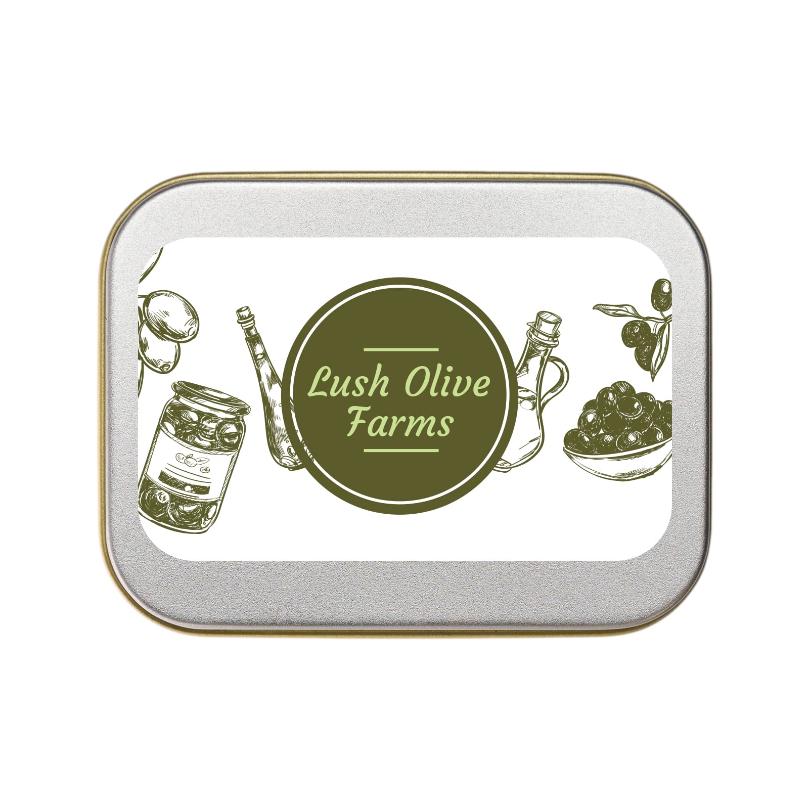 A silver rectangular tin labeled 