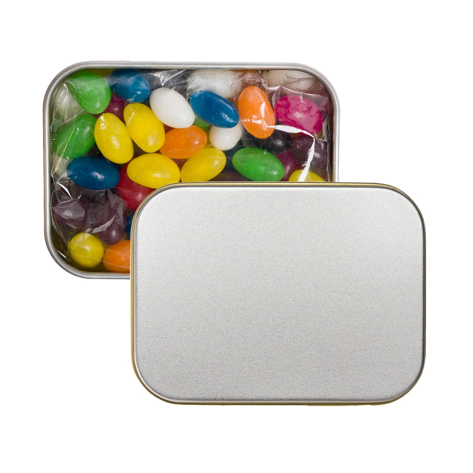 A silver rectangular tin with a shiny lid, displayed open and closed.