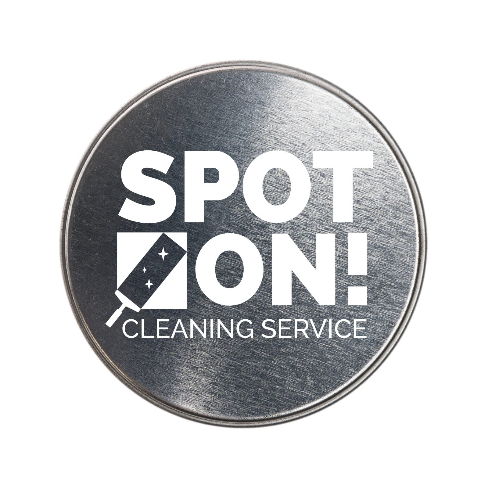 A silver round tin with a logo for 