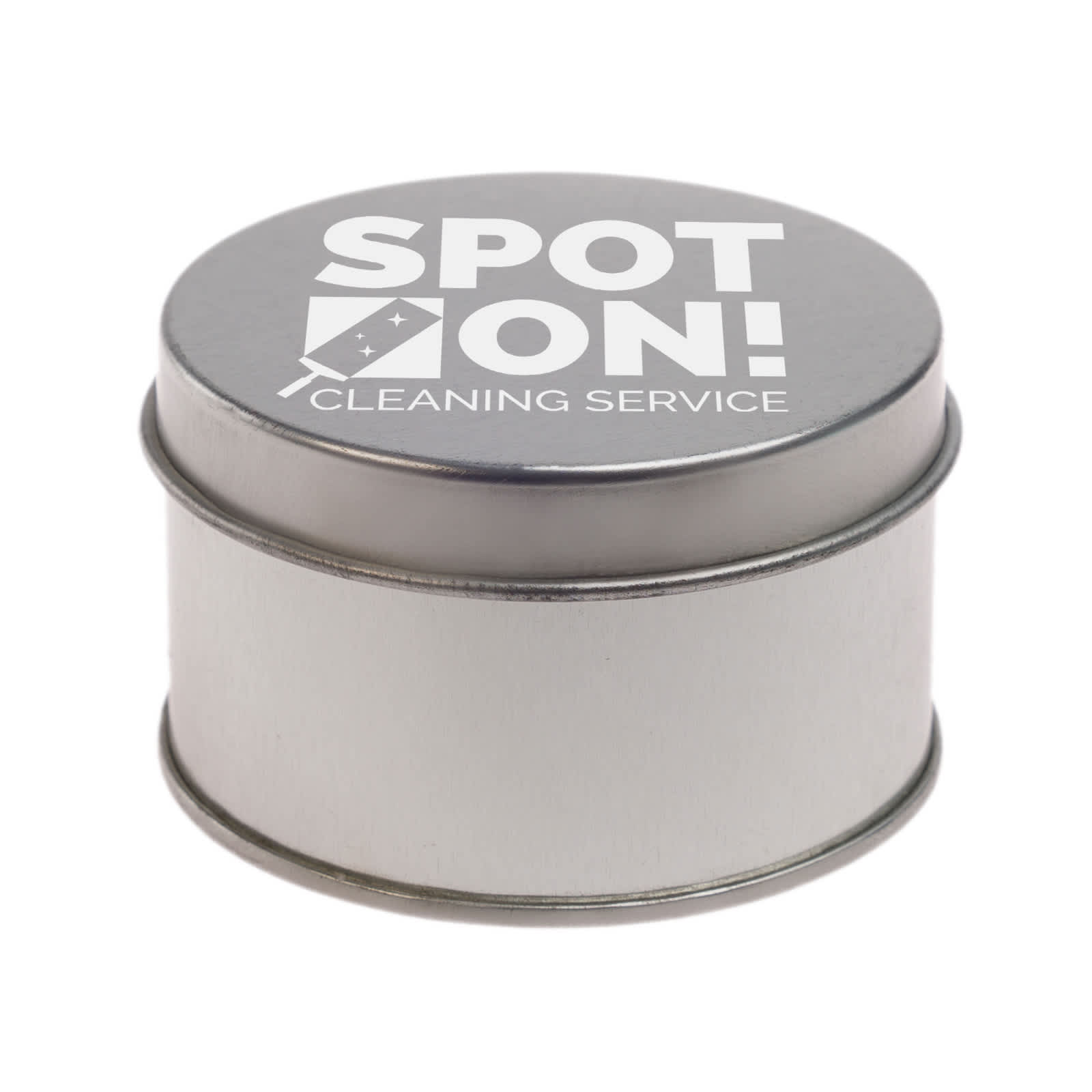 A silver round tin featuring a logo for 
