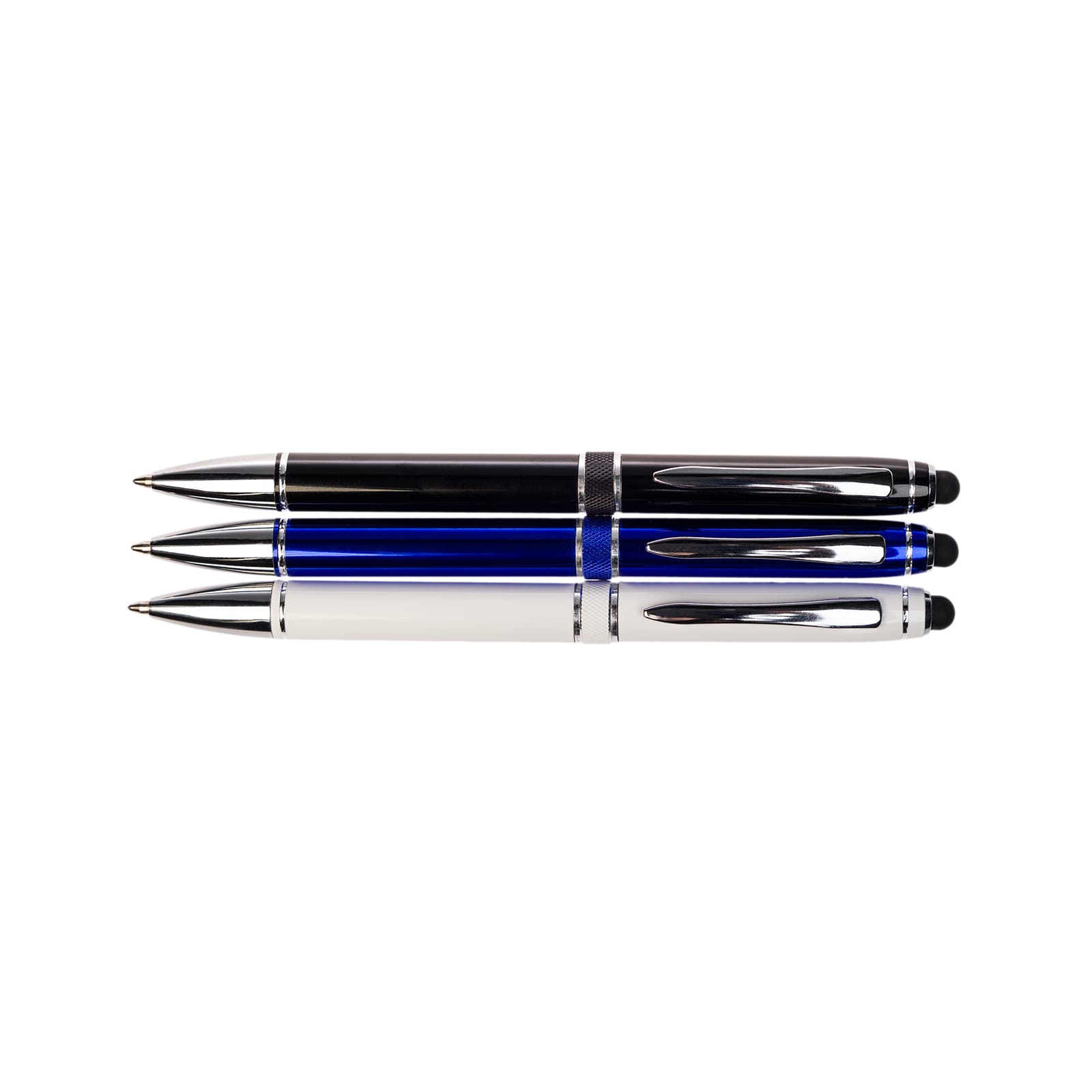 A set of three Columbia Aluminium Pens in black, blue, and white, featuring chrome accents and a sleek design.