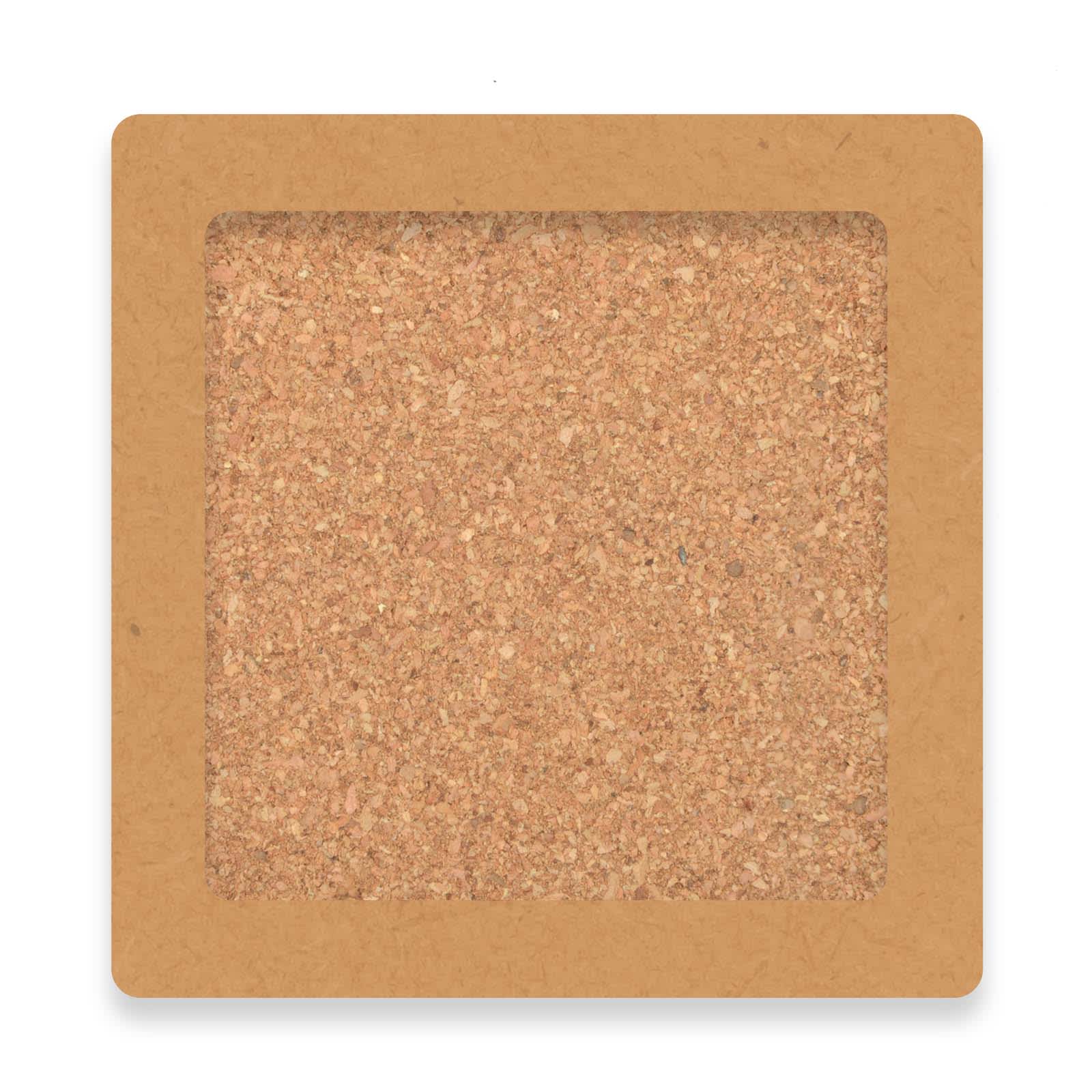 A cork square coaster set featuring a natural cork texture and a brown border, includes four coasters in total.