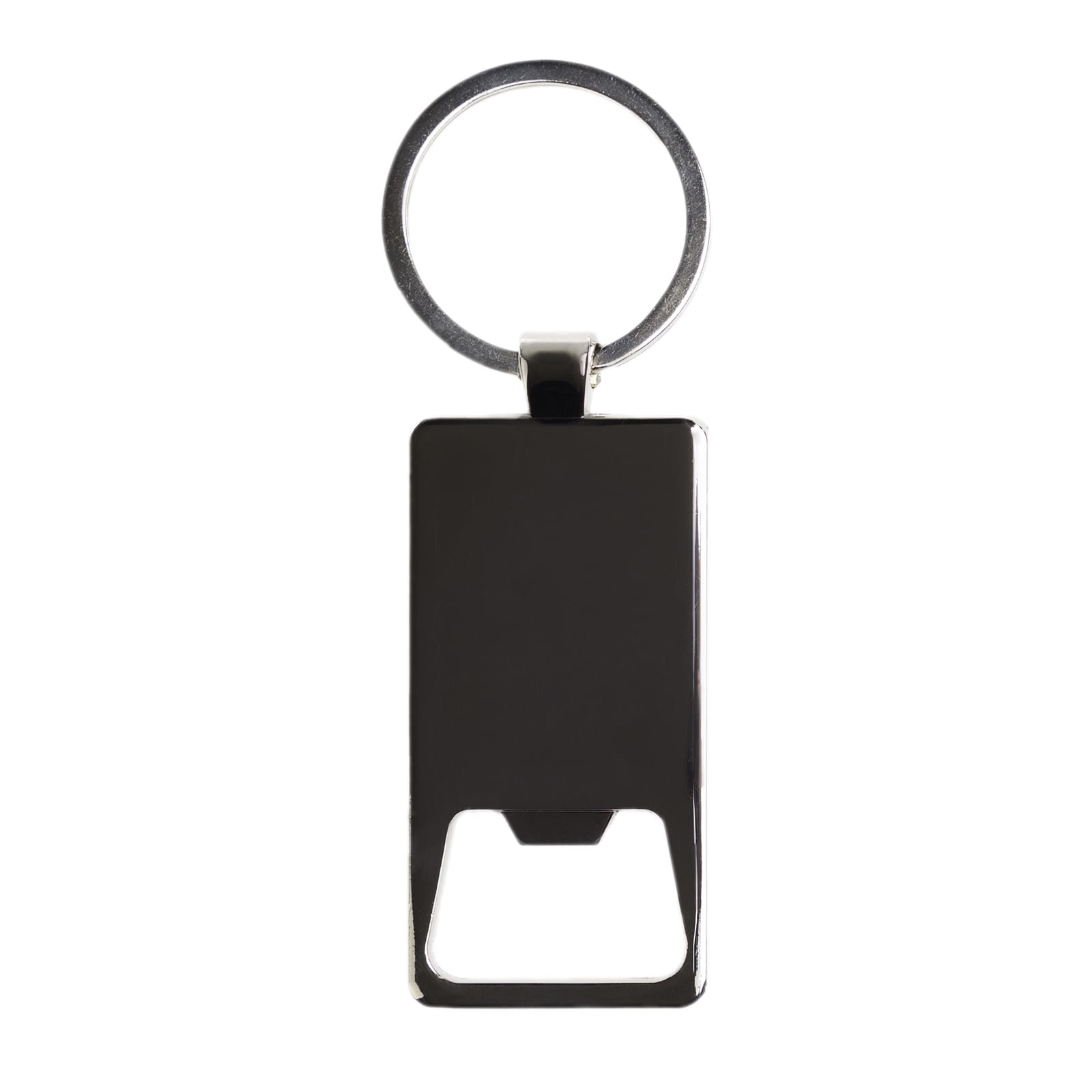 A black keytag bottle opener featuring a sleek design with a ring for attachment. It includes a bottle-opening function.