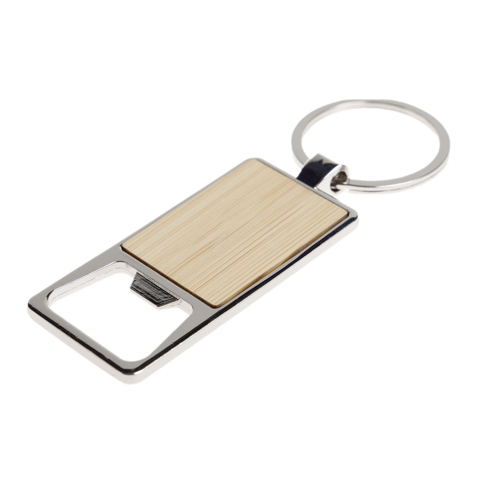 A drink bottle opener keytag with a bamboo design and a silver metal key ring.