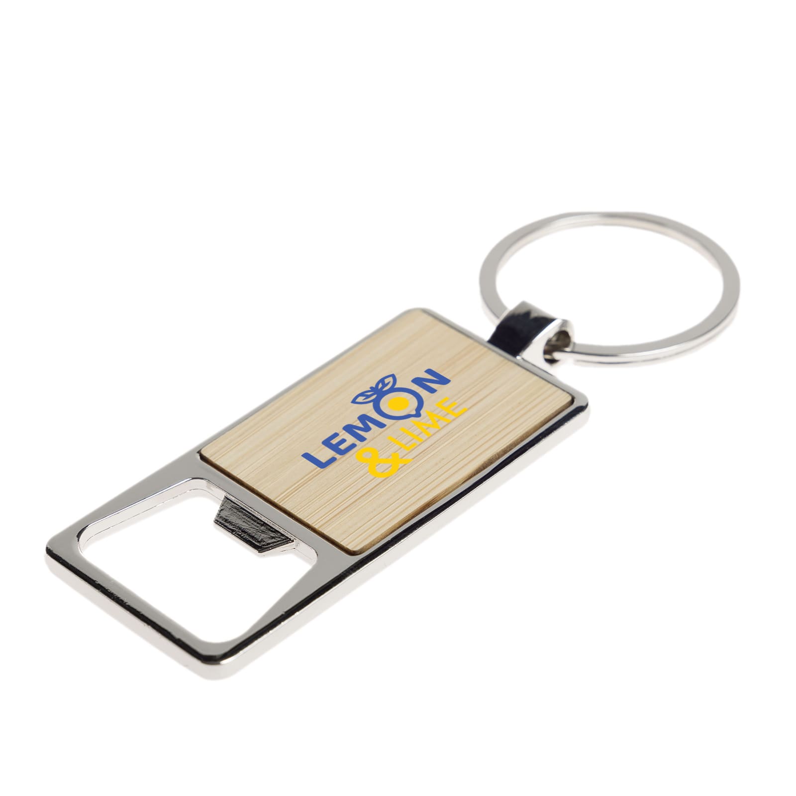 A drink bottle opener keytag with a silver finish and a wooden panel featuring a logo.