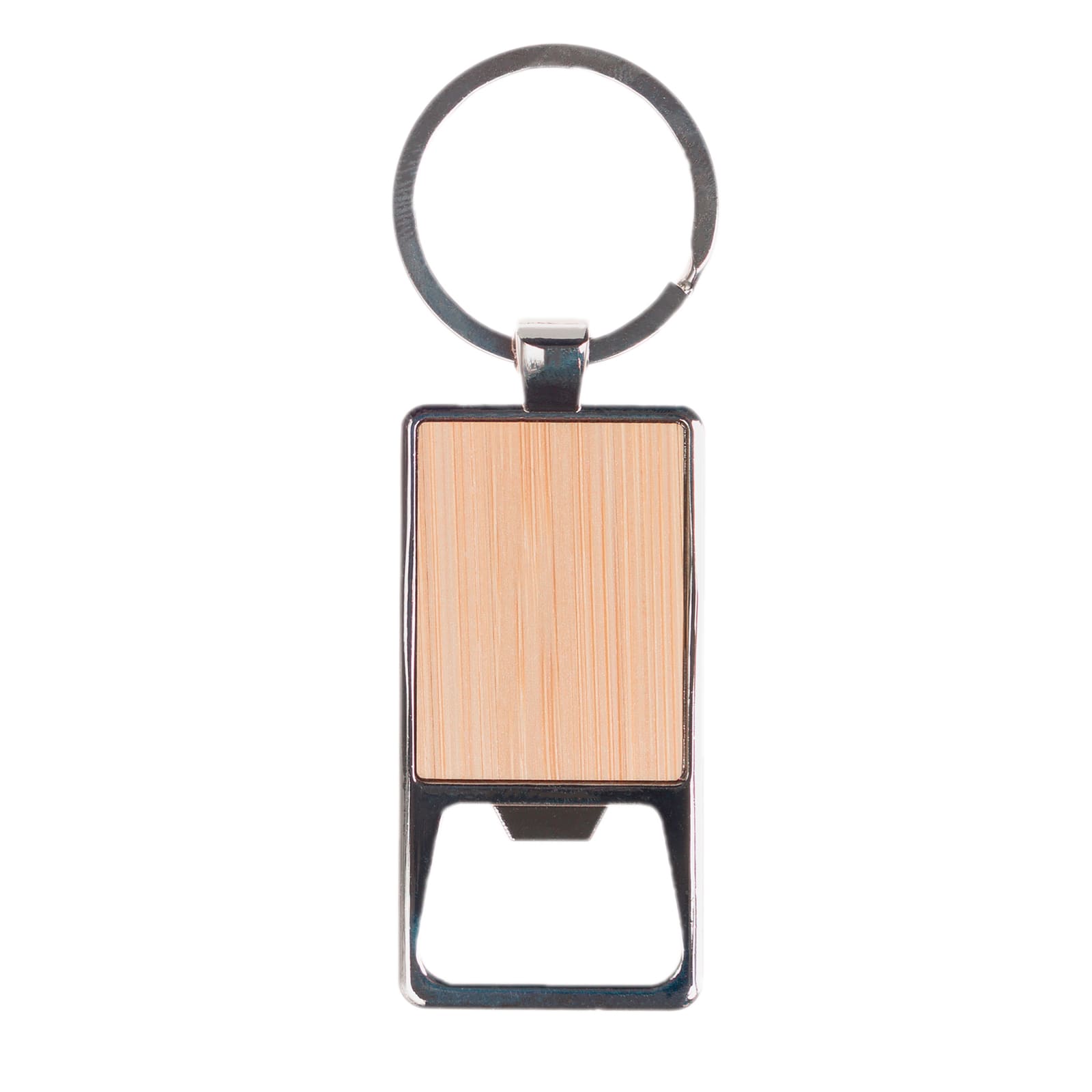A drink bottle opener keytag featuring a wood grain design and a metal key ring.