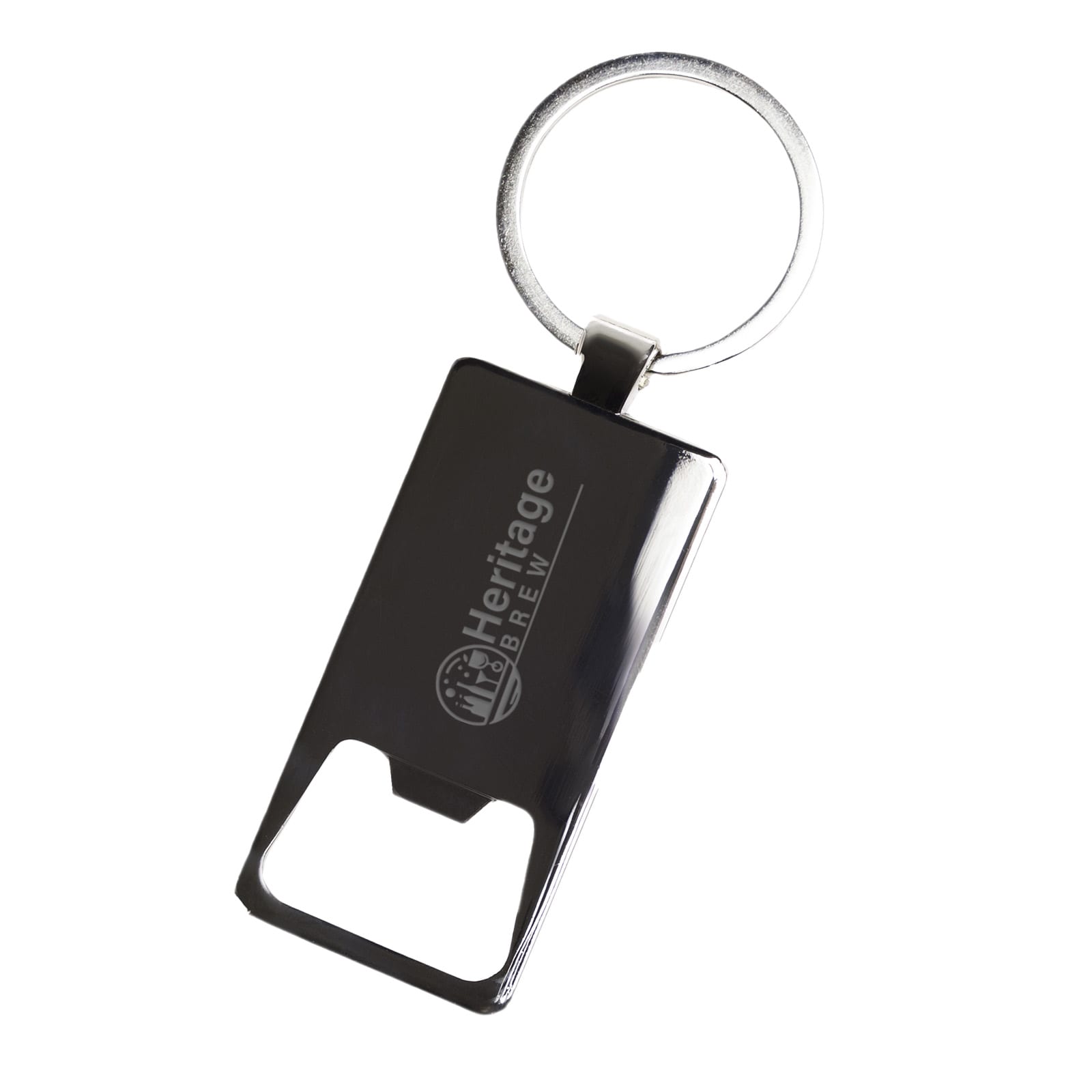 A drink bottle opener in sleek black with a keyring attachment and a logo on the surface.
