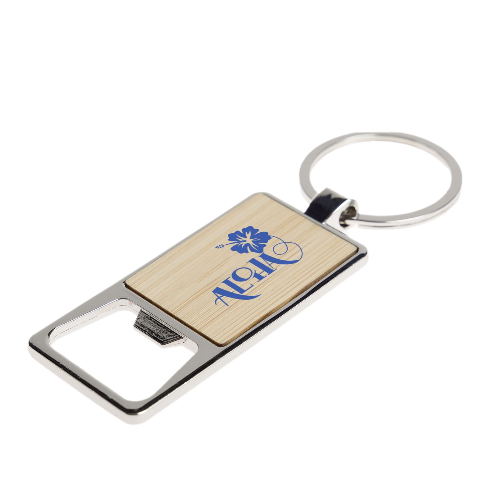 A drink bottle opener keytag featuring a stainless steel and bamboo design with a floral logo.