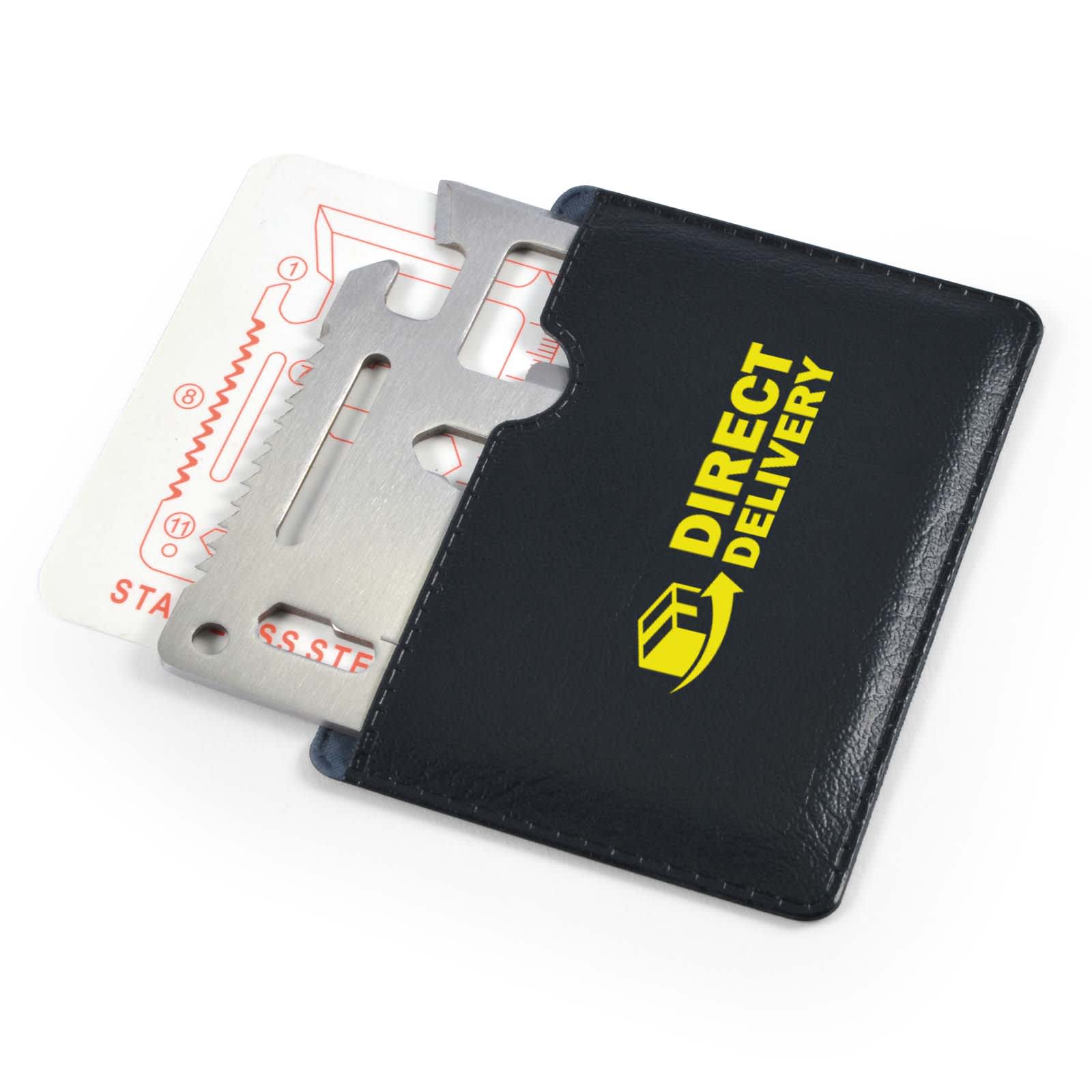 A multi-tool in a black pouch, featuring silver tools and a card with a graphic design. It includes a logo.