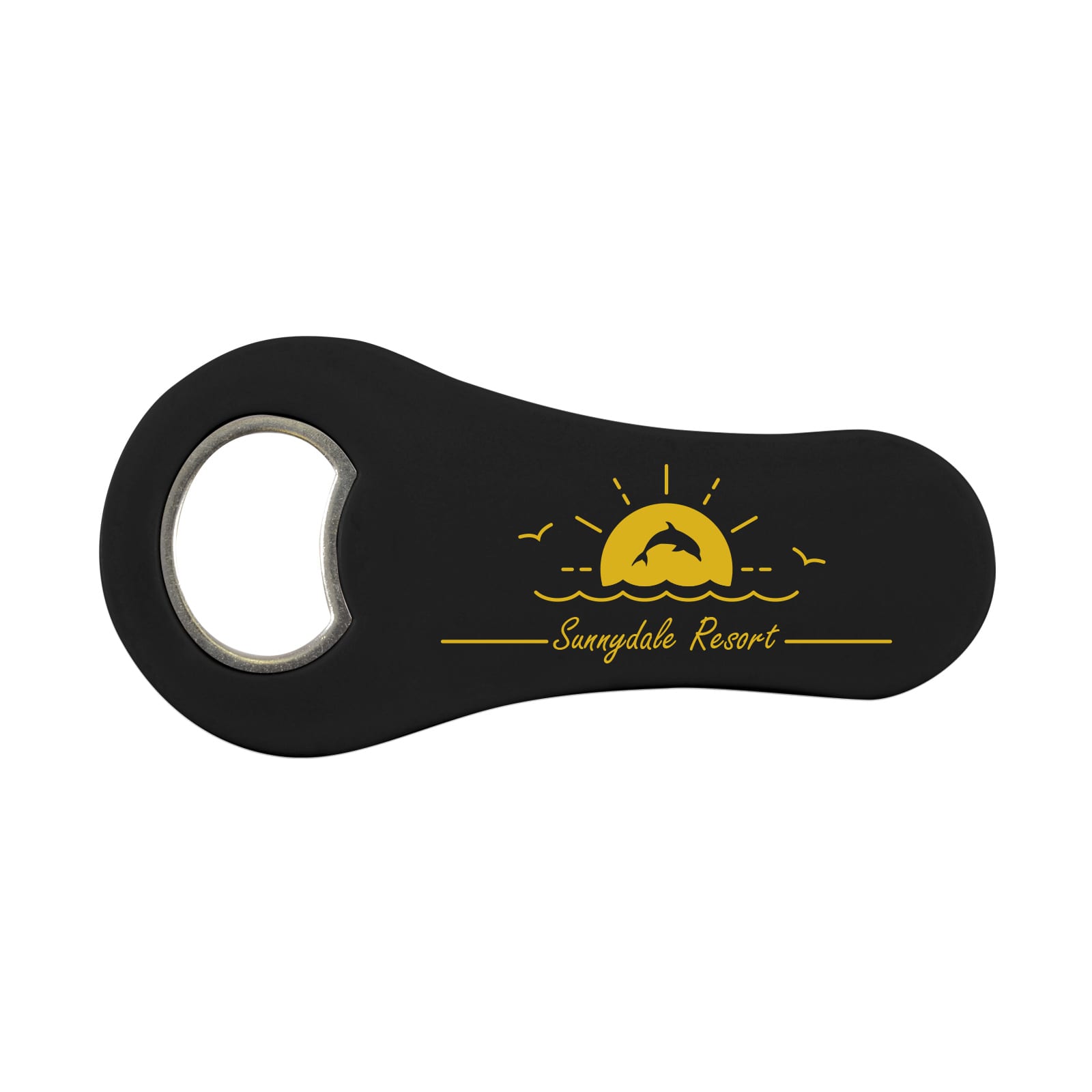A drink bottle opener with a black rubber grip featuring a yellow graphic of a sunset and the text 