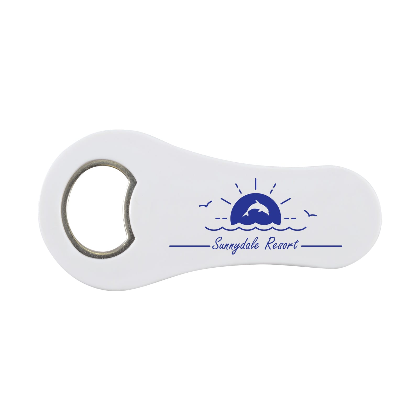 A drink bottle opener with a sleek white design featuring a blue sunset graphic and the text 
