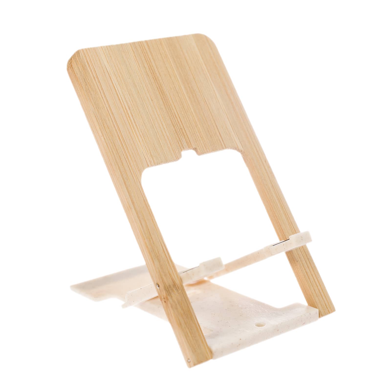 A bamboo phone stand designed for stability and style, featuring a minimalist design and light color scheme.