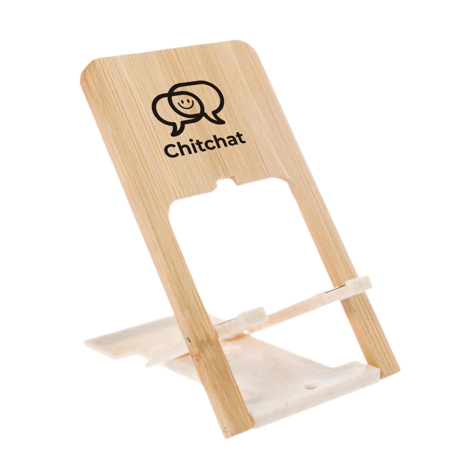 A bamboo phone stand with a minimalist design featuring the logo 