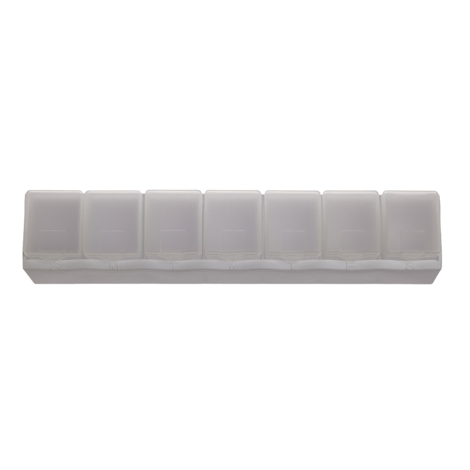 A weekly pill box in clear plastic with eight compartments labeled for each day of the week.