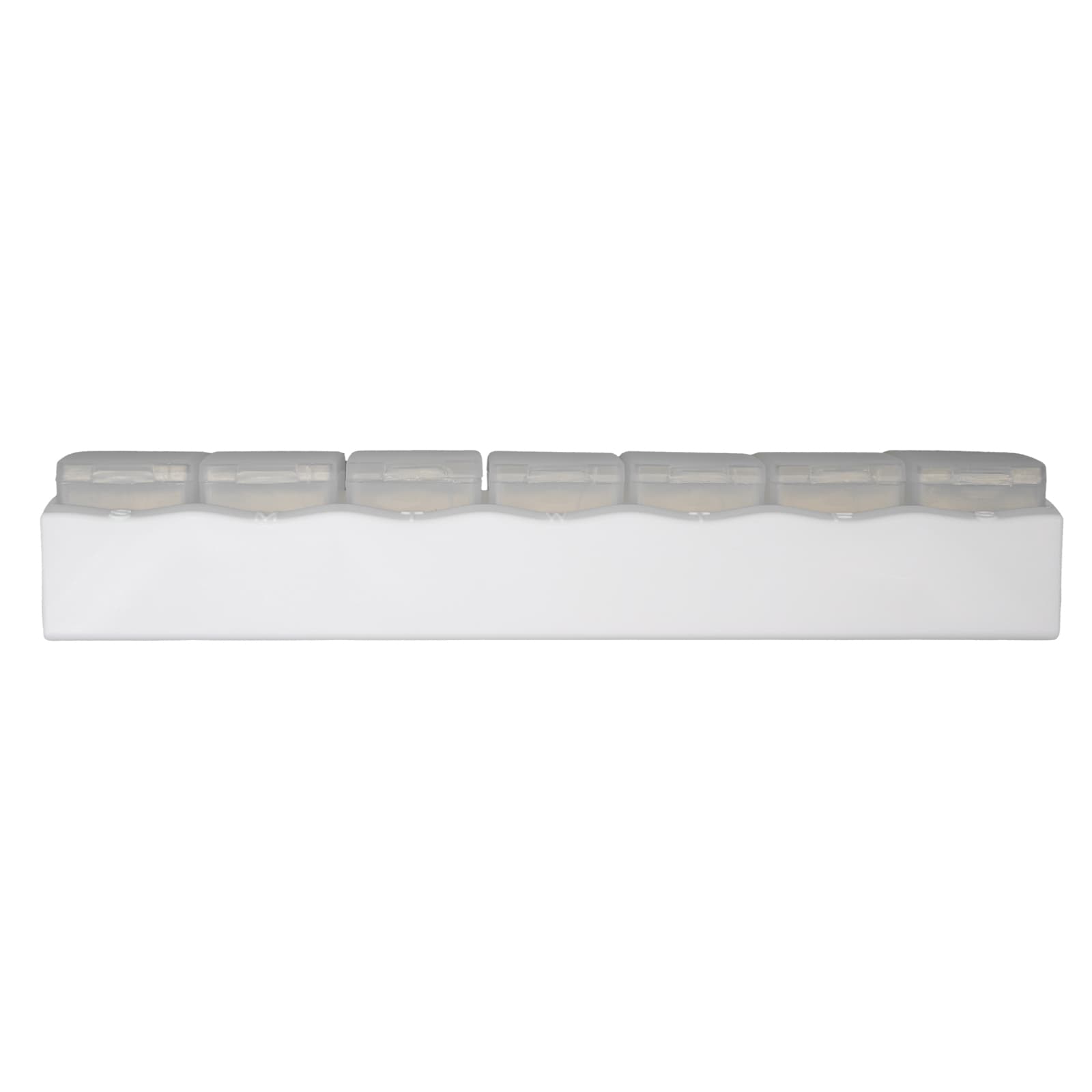 A clear weekly pill box featuring seven compartments for organizing medication, with a white base.