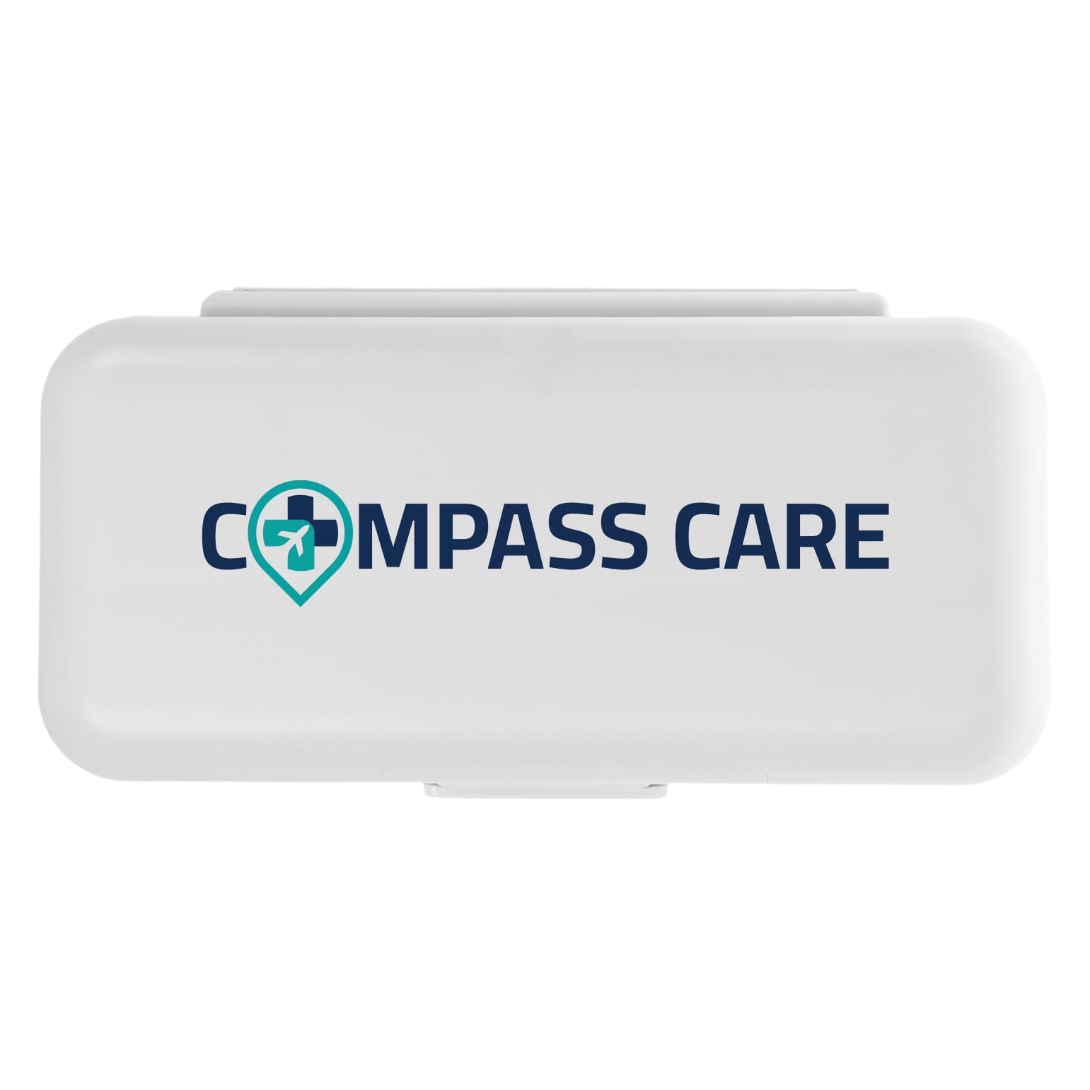 A compact pill organizer featuring a white exterior with a logo that reads 