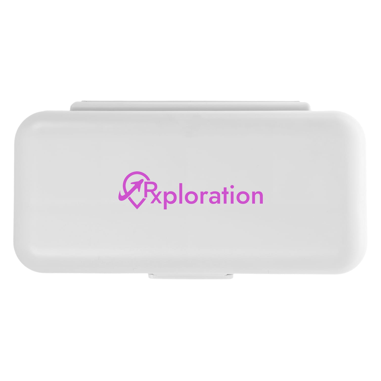 A compact pill organizer in a sleek white design featuring the logo 